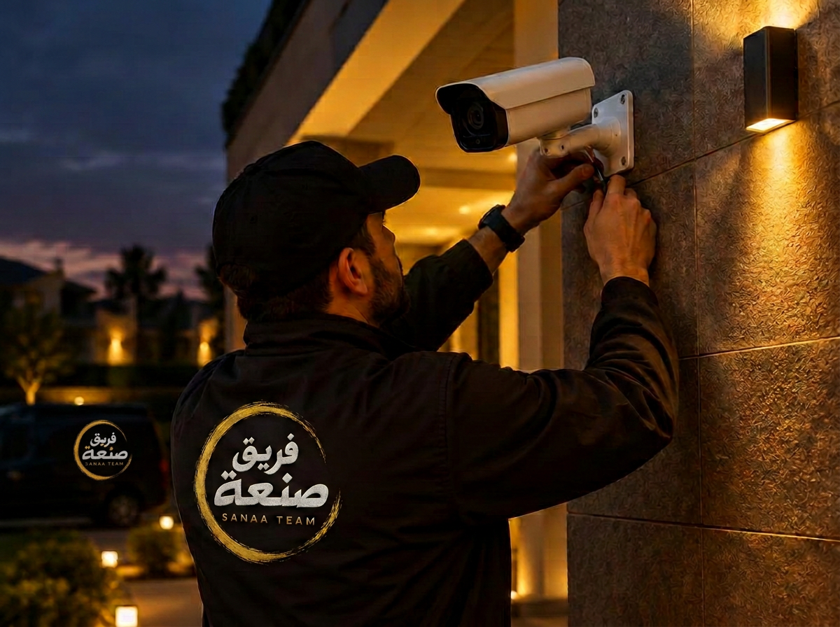 فني تنصيب كاميرات المراقبة أثناء العمل